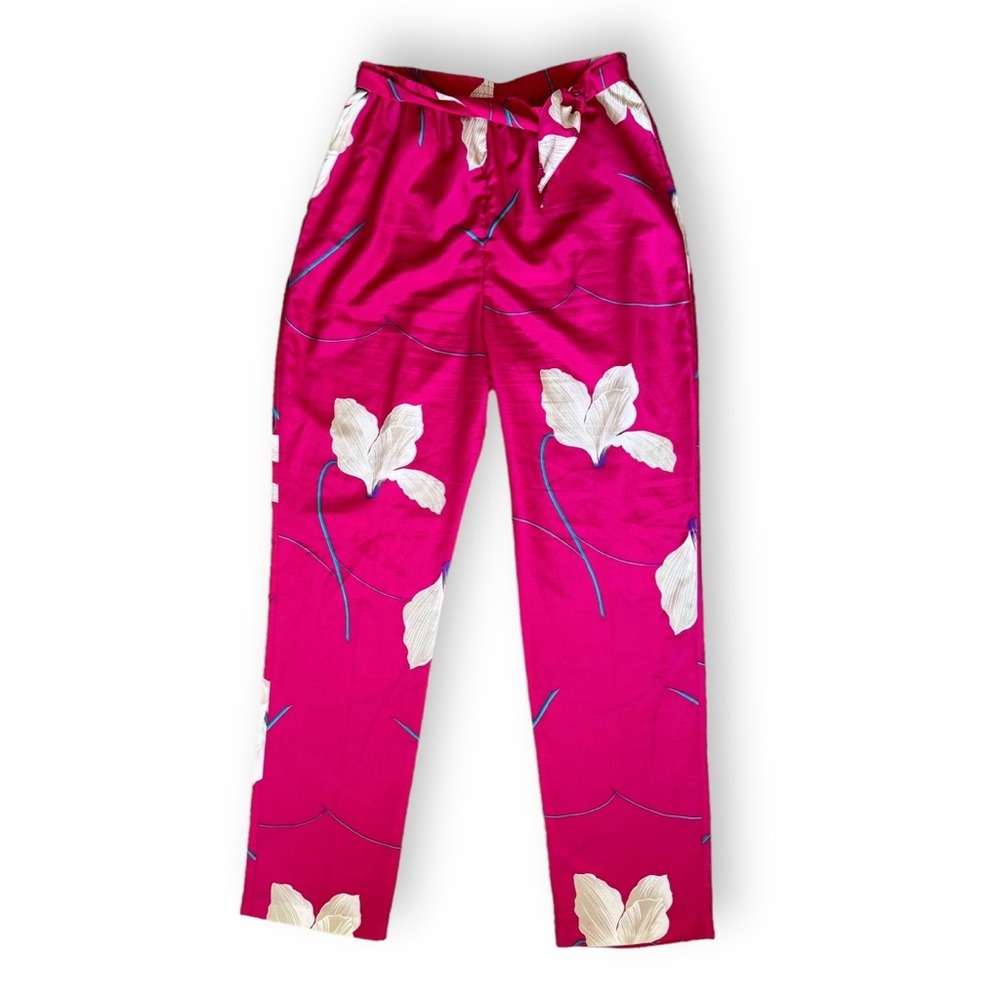 Vintage Hawaiian Pants Pink Floral Small Tie Waist Pull On Straight Leg